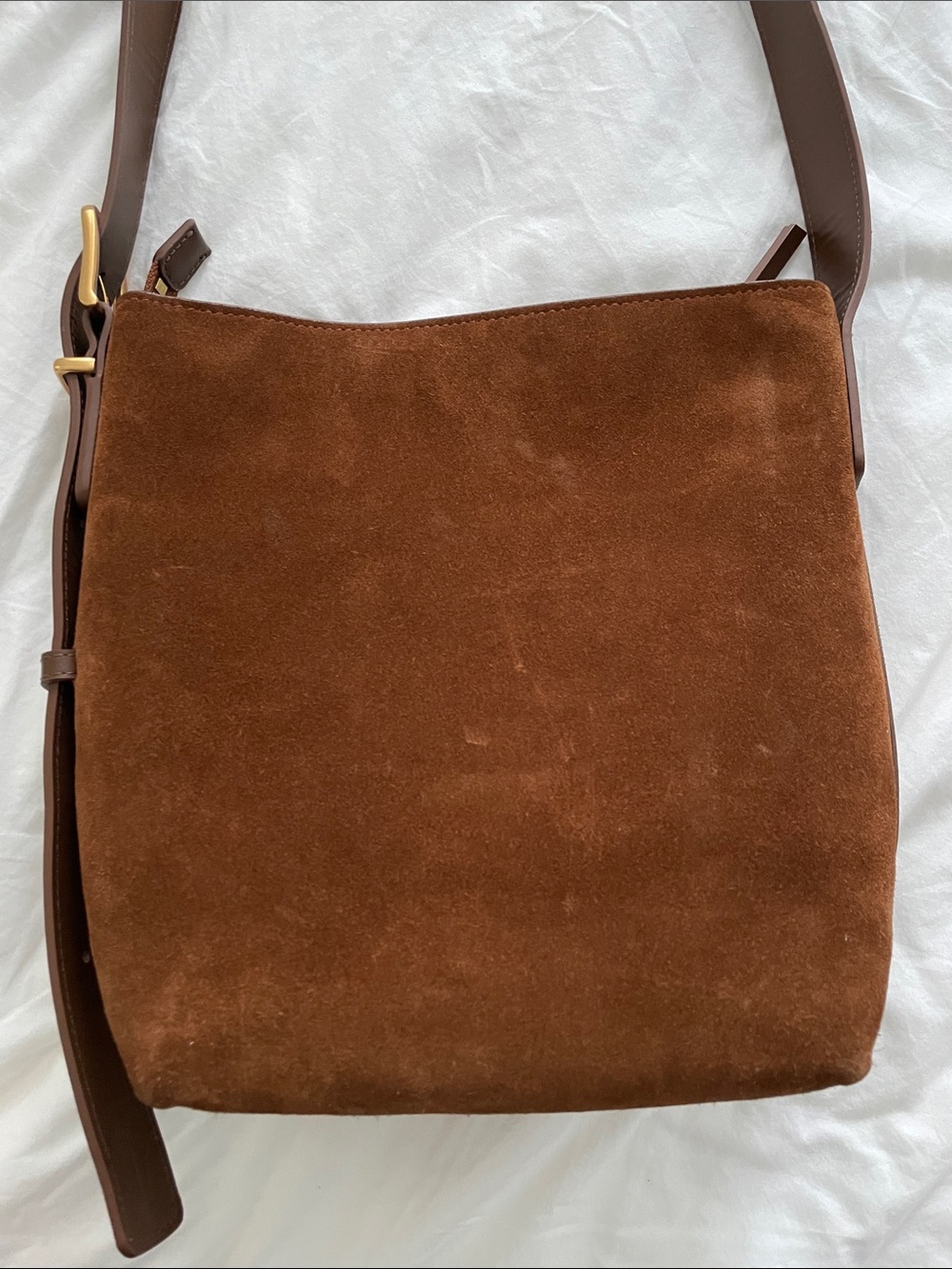 Quince Italian Suede Crossbody Bucket Bag in Whiskey Brown - Picture 4 of 14